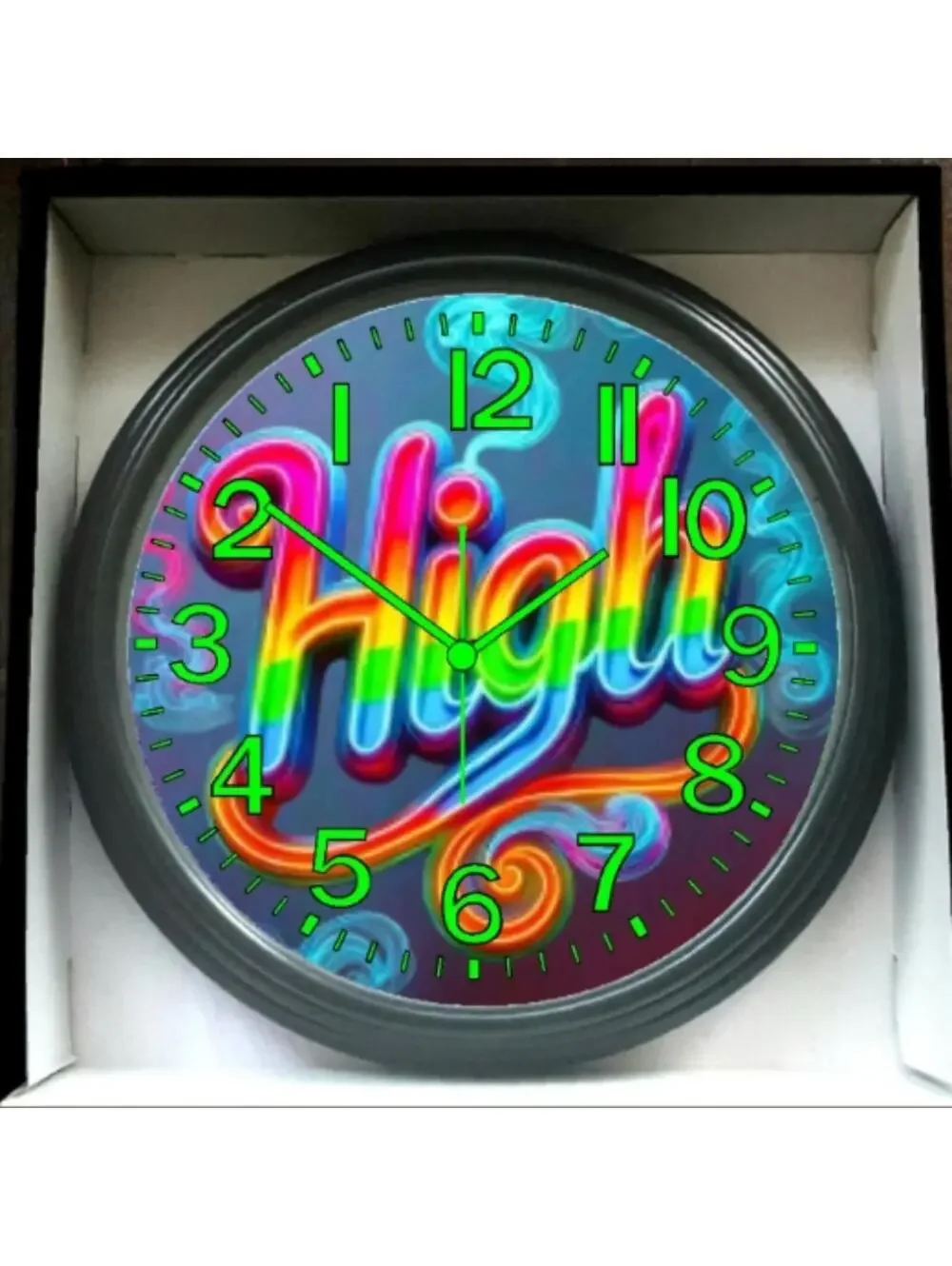 REVERSE TICKING CLOCK GOOD LEAF HIGH Black Light Glow In The Dark Wall Clock New